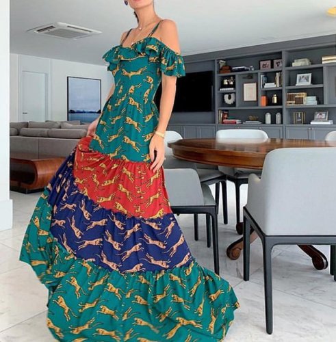 Temperament Contrast Color Printing Ruffled Sling Dress