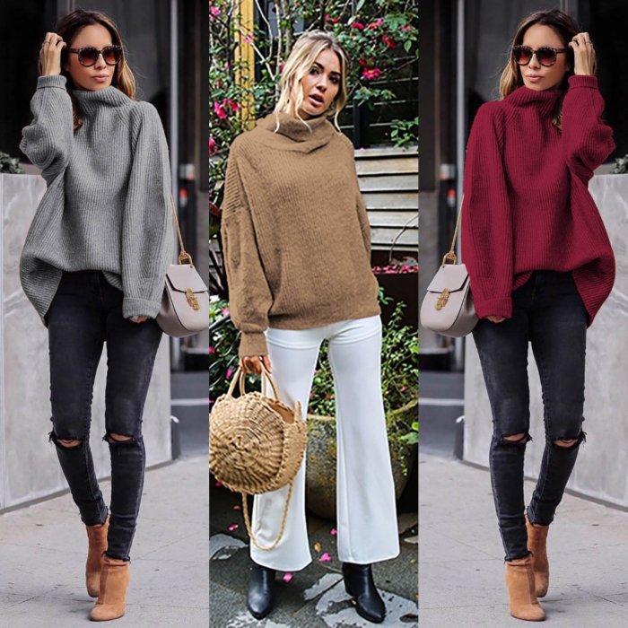 Solid Color Turtleneck Long Sleeves Women Loose Sweater
