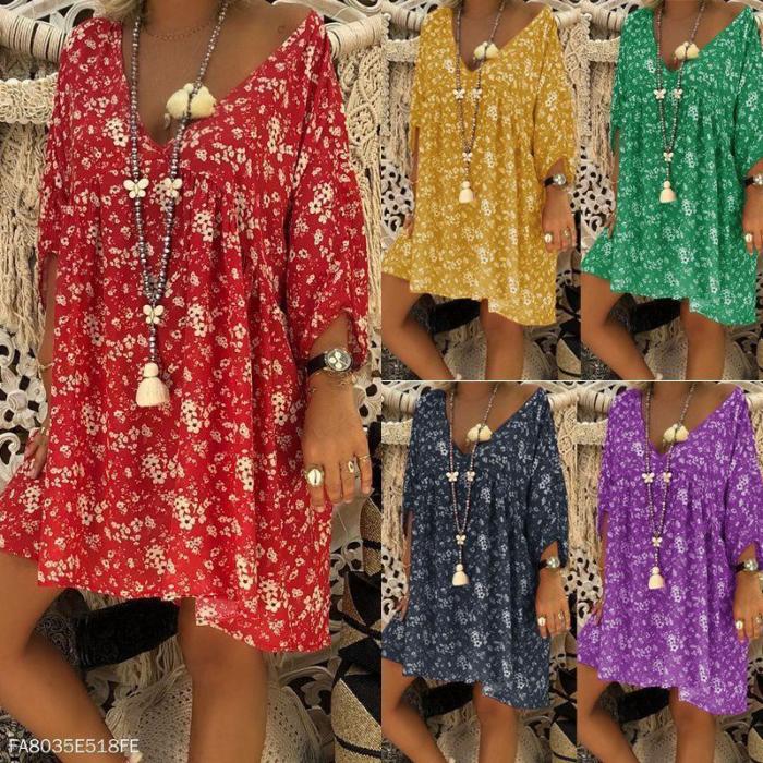 Women Plus Size V Neck Floral Printed 3/4 Sleeve Casual Mini Dress