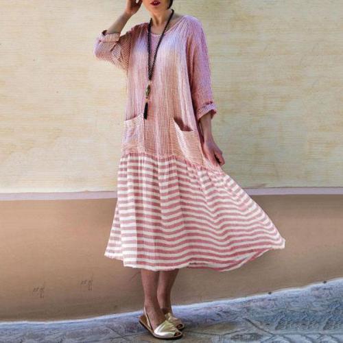 Women Striped Boho Long Sleeve Vintage Maxi Dresses