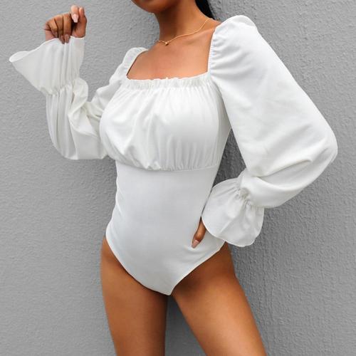 Bodysuit 2019 Long Flare Sleeve Open Crotch Square Collar Sexy Open Back Bubble Sleeves Jumpsuit Female Casual Shirt Women