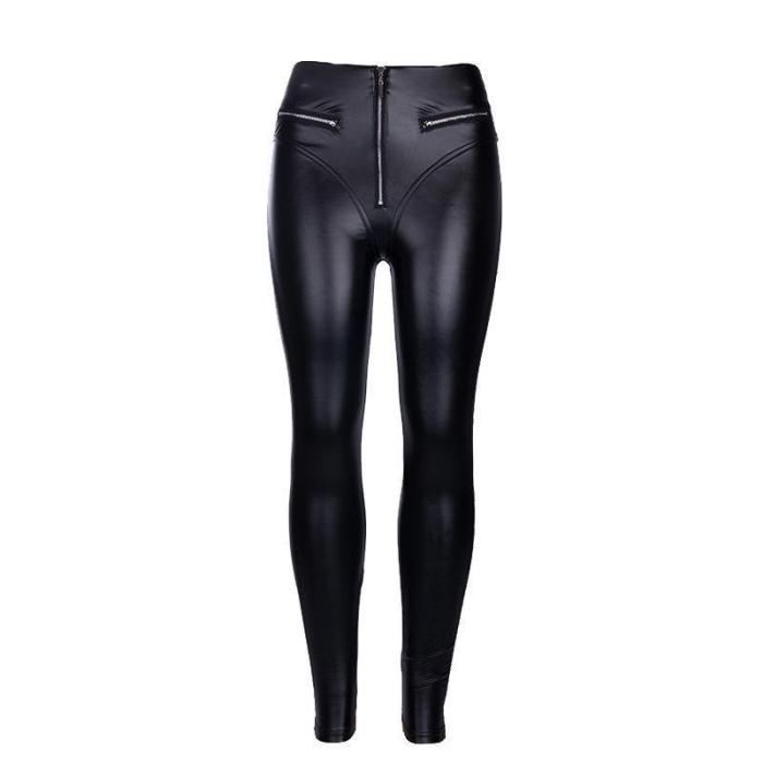 PU Solid Black Color Zipper Women Skinny Legging
