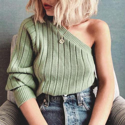 EBUYTIDE Sexy one shoulder knitted sweater women 2020 Autumn winter jumper pullover Ribbed green female knitwear Chic sweaters