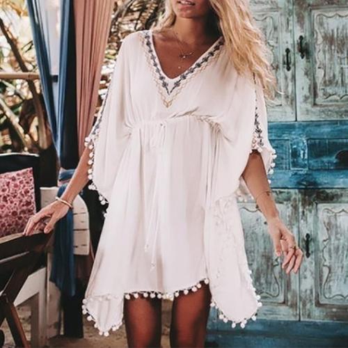 Casual V Collar Loose Embroidery Vacation Dress
