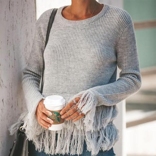 Loose Solid Color Fringed   Sweater
