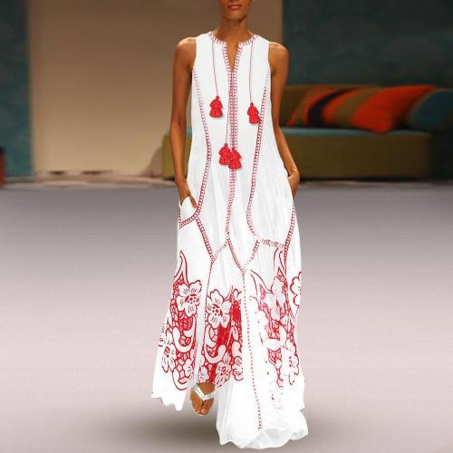 Chinese-Style Printed Cotton And Linen Casual Maxi Dress