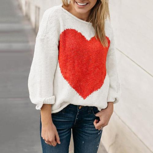 Casual Boat Neck Colored Heart Sweater