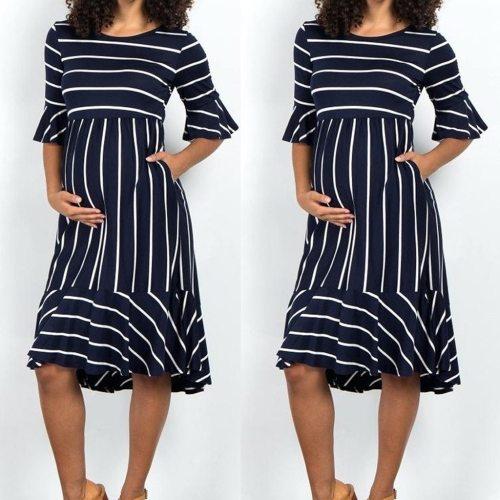 2020  Women Maternity Dresses Mother pregnancy dress Flare Sleeve Striped Pregnancy Summer Sundress pregnant dress