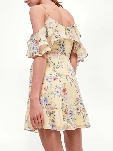 Yellow Floral Print Off Shoulder Elegant Mini Dress