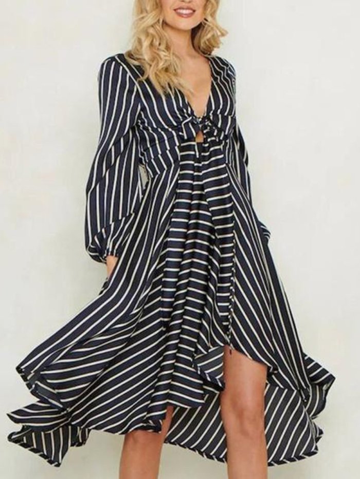 Fashion Stripe Long Sleeve V-Neck Casual Dress