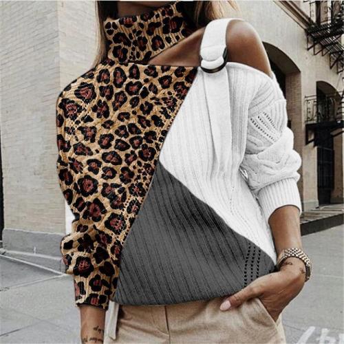 Fashion Pile Collar Strapless Leopard Stitching Knit Sweater