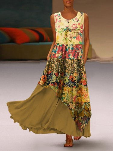 Bohemian Round Neck Sleeveless Pleated Splicing Printed Colour Dress