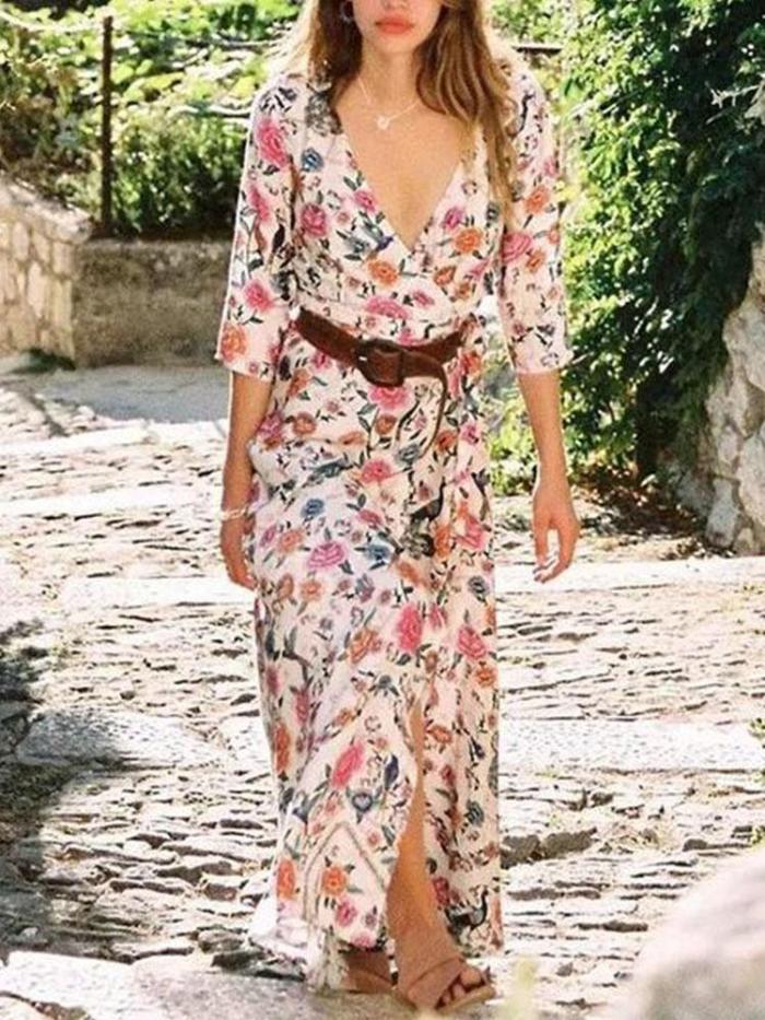 Fashion V Collar Floral Printed Beach Maxi Dress