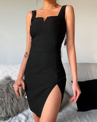 Women Split Side Dress Spaghetti Strap V Neck Sleeveless Black Dress