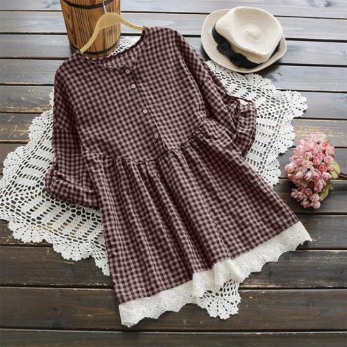 Check Plaid Pleated Blouse