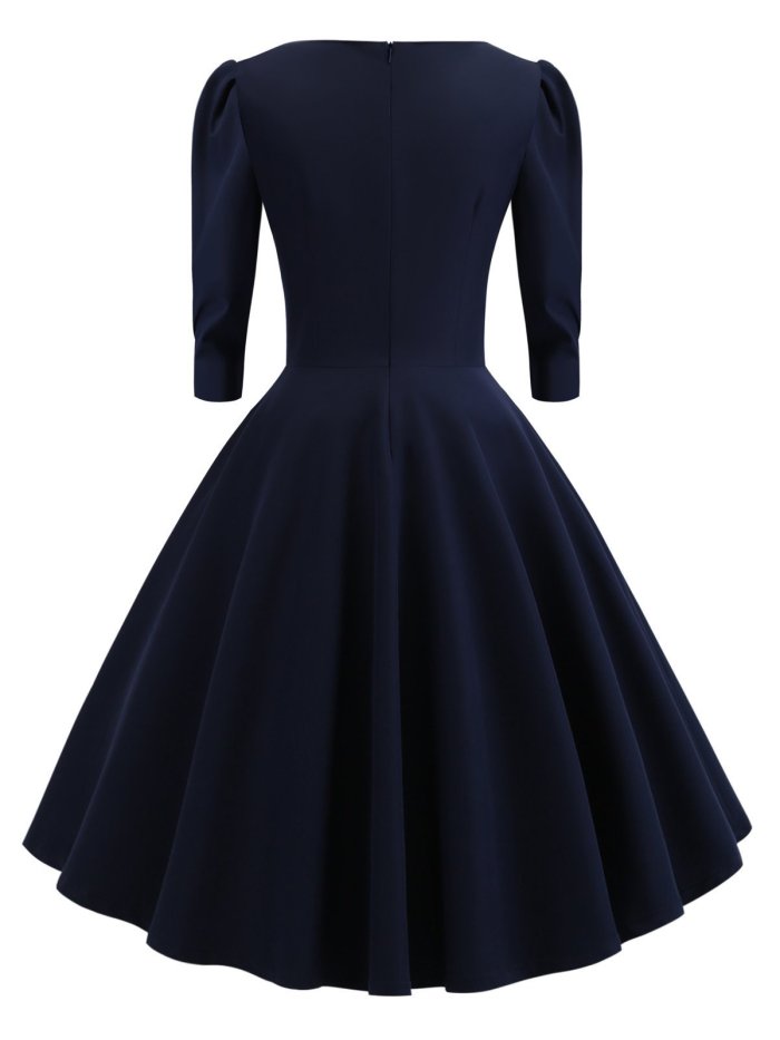 Dark Blue 1950s Solid 3/4 Sleeve Dress