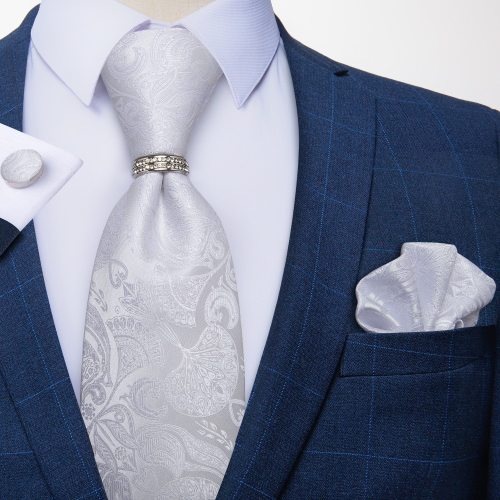 Fashion 8cm Neckties Men White Floral Paisley Silk Jacquard Woven Wedding Party Tie Pocket Square Cufflinks Ring 4pc Set EBUYTIDE