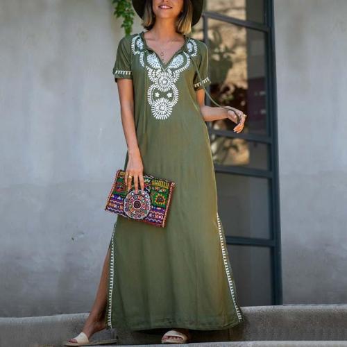 Casual Cotton Green Embroidery Side Slit Short Sleeves Long Dress