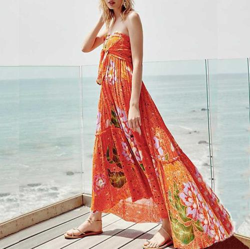 Bohemian V Neck Contrast Color Slit Beach Dresses