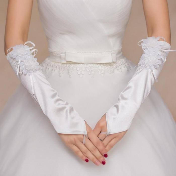 Womens Elbow Length Bridal Long Fingerless Gloves Lace Flower Wedding Prom Party