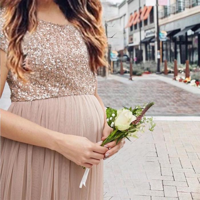Maternity Maxi Tulle Dress With Tonal Delicate Sequins