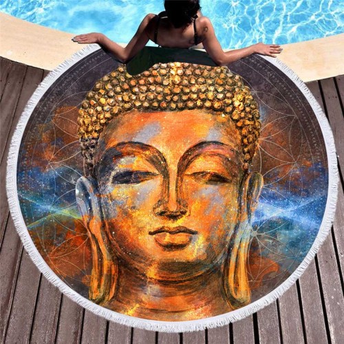 Buddha Statue Summer Round Beach Towel For Adults Kids Yoga Mat Sports Bath Towel Seaside Wall Tapestry With Tassels Home Print