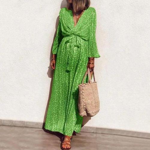 Classy Green Print V-Neck Long Sleeve Maxi Dress