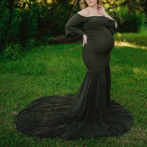 Maternity Off Shoulder Flounced Sleeve Trailing Dress