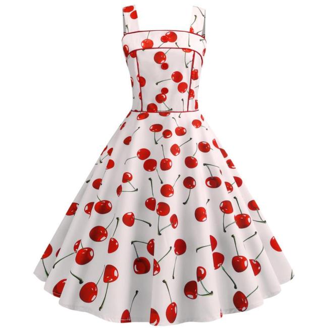 Cherry Print Vintage Dresses Summer 2020 Sleeveless  Style Big Swing 1950s 60s Rockabilly Dress Big Swing Pinup Vestido