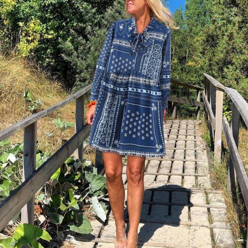 Fashion Belted Printed Colour Long Sleeve Dresses