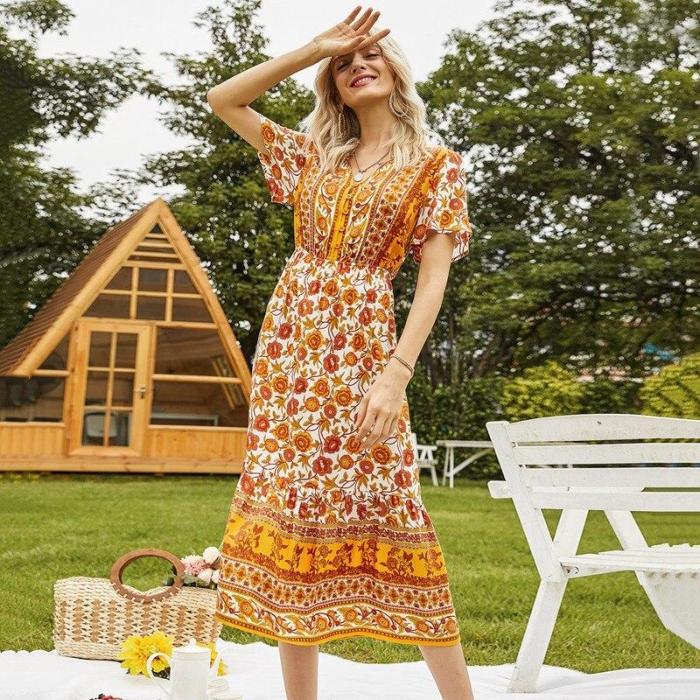 Women'S Printed Floral V-Neck Casual Dress Yellow