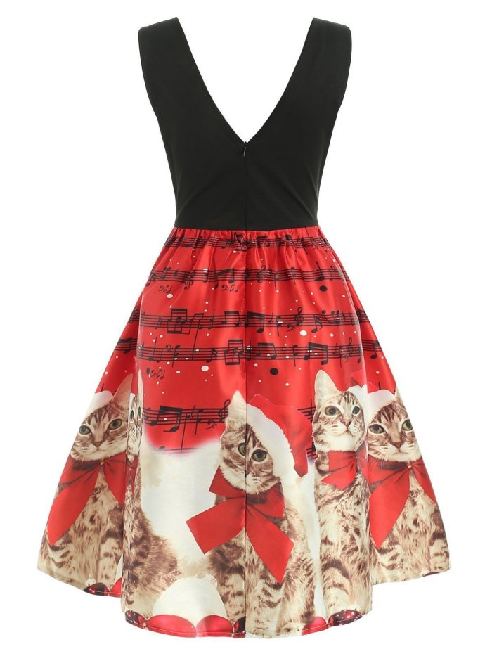 Red 1950s Christmas Cat Swing Dress