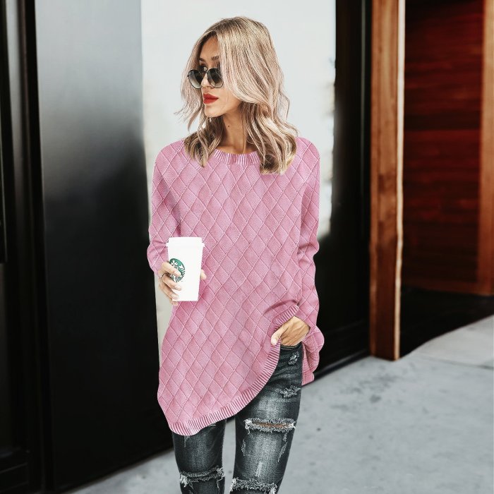 O-Neck Knitwear Solid Color Pullover Baggy Grid Sweater