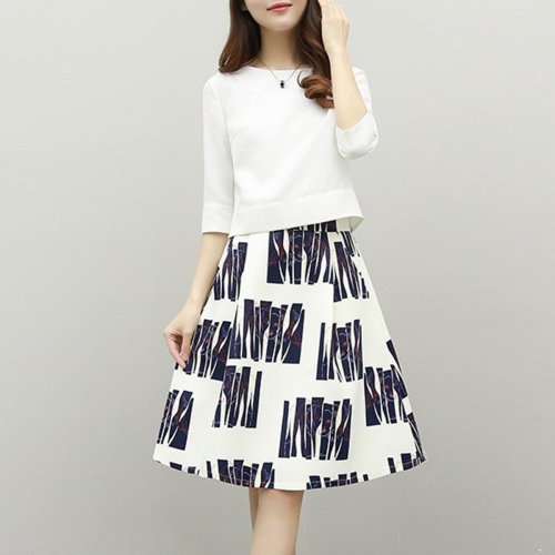 Round Neck Printed Two-Piece 3/4 Sleeve Skater Dress