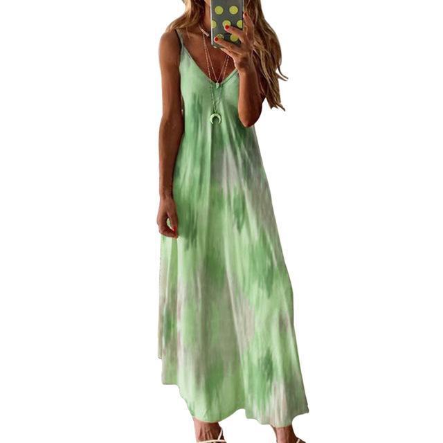 EBUYTIDE Casual Women Robe Sexy Maxi Dress Summer Sleeveless V -Neck Printed Long Dress Big Swing Tie Dye Plus Size Boho Dress