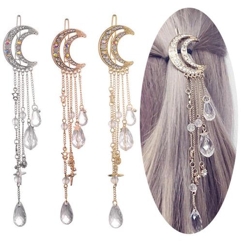 Fashion Elegant Women Lady Moon Rhinestone Crystal Tassel Long Chain Beads Dangle Hairpin Hair Clip Hair Jewelry