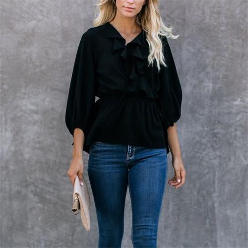 Women's V-neck Puff Sleeve Ruffled Solid Color Shirt