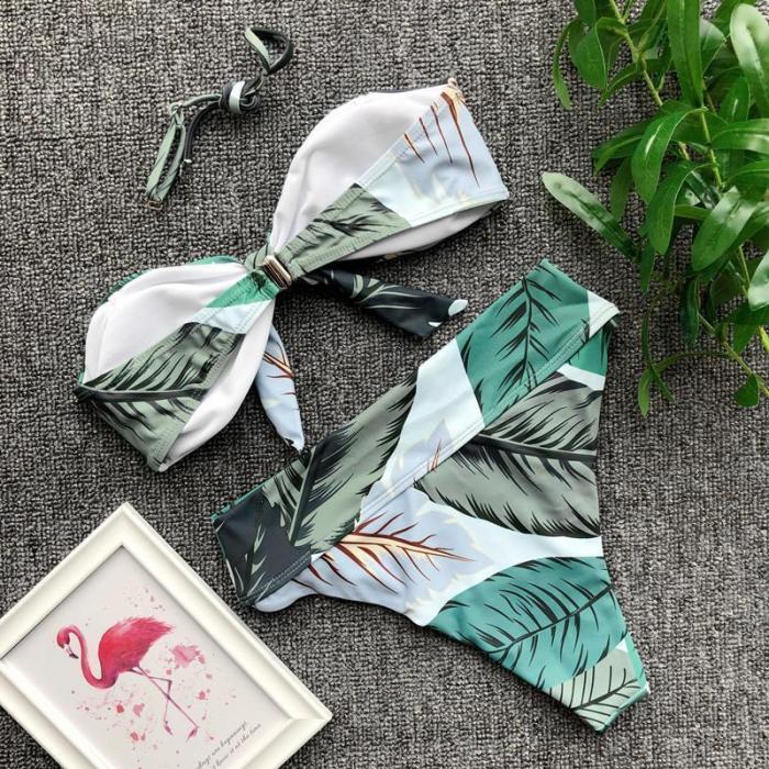 Tropical Leaf Tie-up Bikini Set