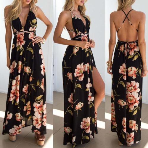Summer dress 2020 Floral Vestidos Mujeres Sexy Maxi Dress Long Pleated Dresses Backless Dresses