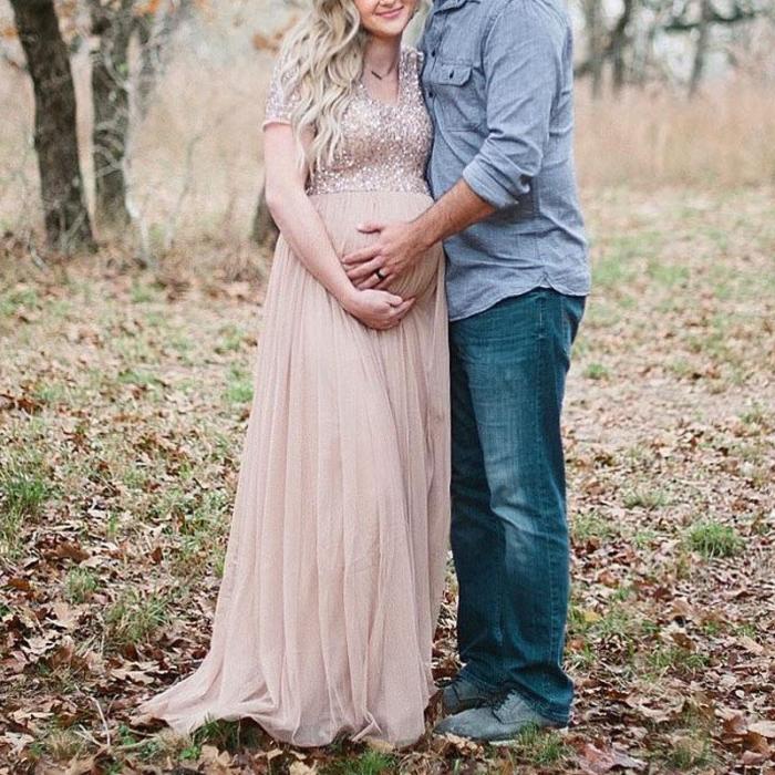 Maternity V Neck Maxi Tulle Dress With Tonal Delicate Sequins