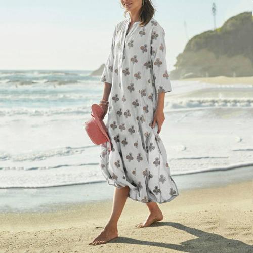Commuting Loose V-Neck Printed Colour Casual Maxi Dress