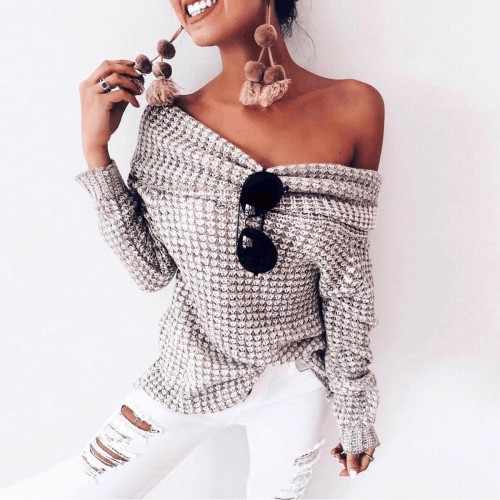 Sexy Off Shoulder Long Sleeve Knit T-Shirts Sweaters
