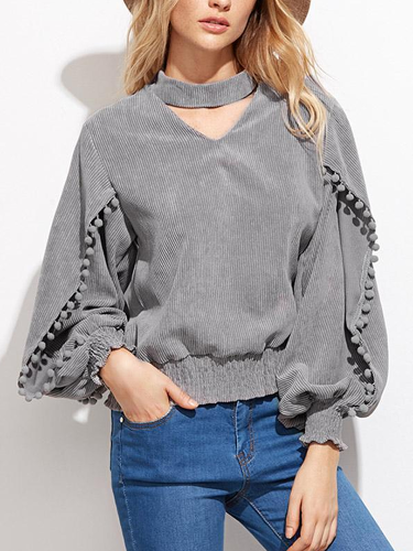 Turtle Neck Hollow Out Tassels Long Sleeve Blouses