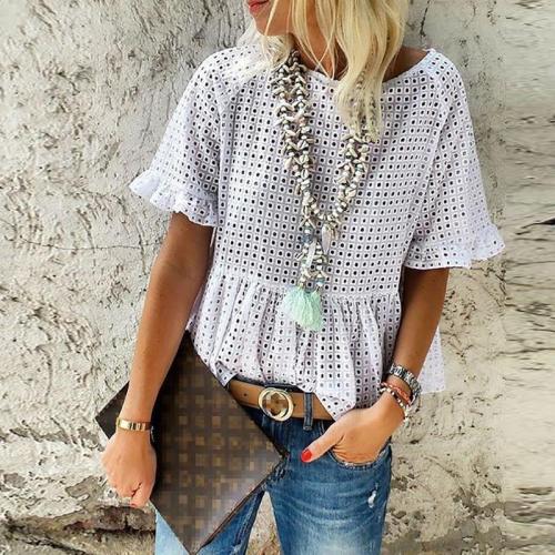 Casual Loose Hollow   Out Short Sleeve Shirt
