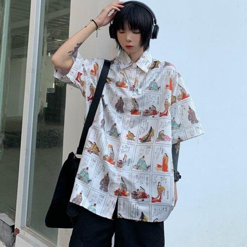 Women Tops Refined Personality Printed Shirt Loose Casual Lapel Short Sleeve Blouses