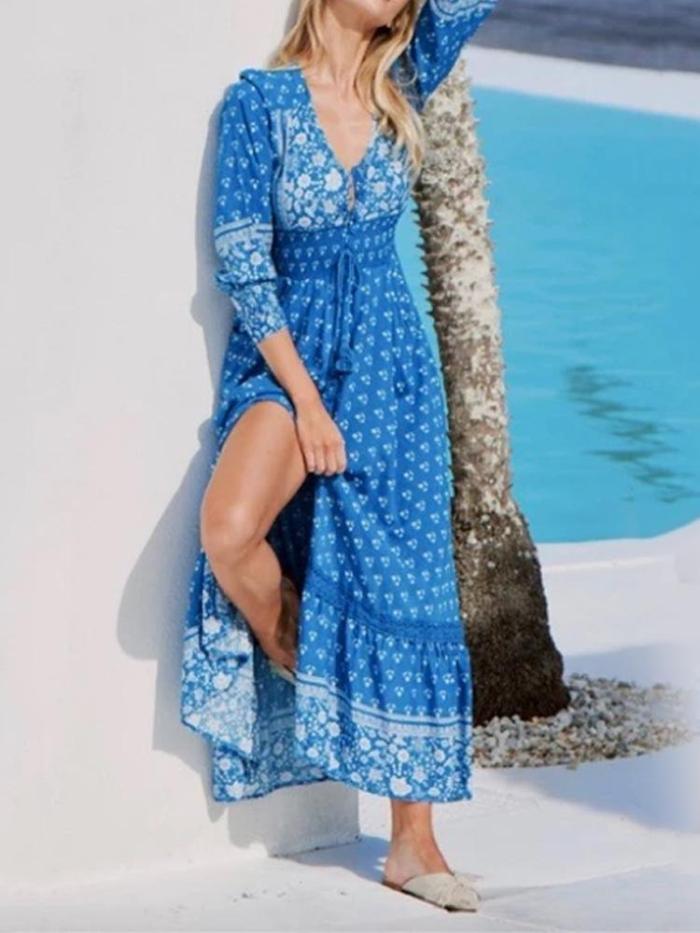 Stylish Beach Holiday Print V-neck Stitching Casual Maxi Dress