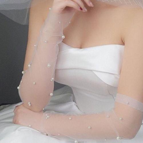 Simple Wedding Dress Gloves Bride Long Glove Photography Props Thin Section Mesh Artificial Pearl Mittens E15E
