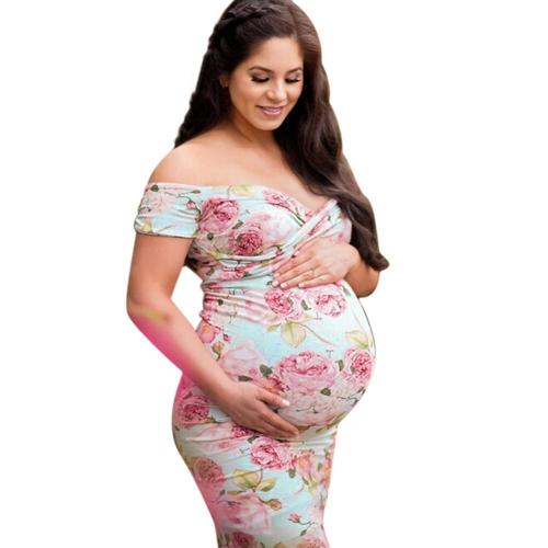 Summer New Fashion Women Pregnant Off Shoulder Photography Props Nursing Boho Chic Print Long Dress
