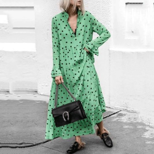 Fashion V Collar Dot Flouncing Green Maxi Dress