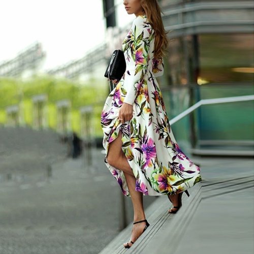 Long-Sleeved Printed Round Collar Expansion Vacation Dress